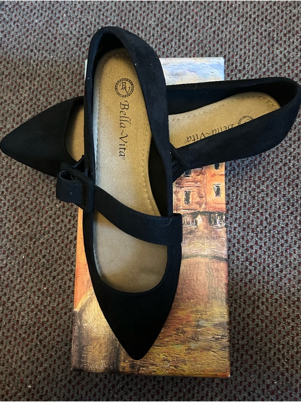 Abella Black Pointed Mary Jane Flats with Buckle Strap - Brand New in Box